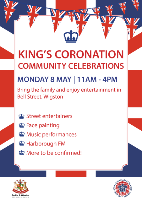 Poster for event taking place between 11am - 4pm on Bell Street, Wigston on Monday 8 May