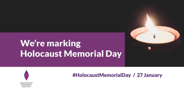 Holocaust Memorial Day 27 January graphic with image of lit candle