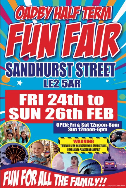 Poster for Oadby funfair taking place at Sandhurst Street car park from Friday 24 - Sunday 26 February