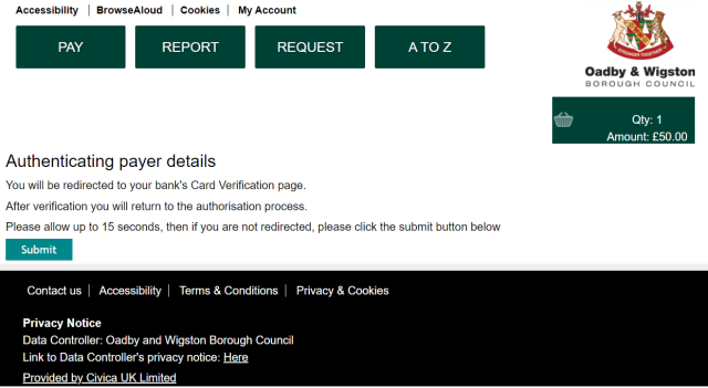Screenshot of the authorising payment screen customers see when paying online.