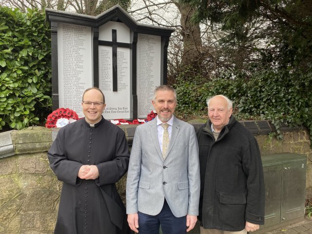 Reverend Christopher Johnson, donor Dean Curtis and Cllr Bill Boulter at the restored Roll of Honour