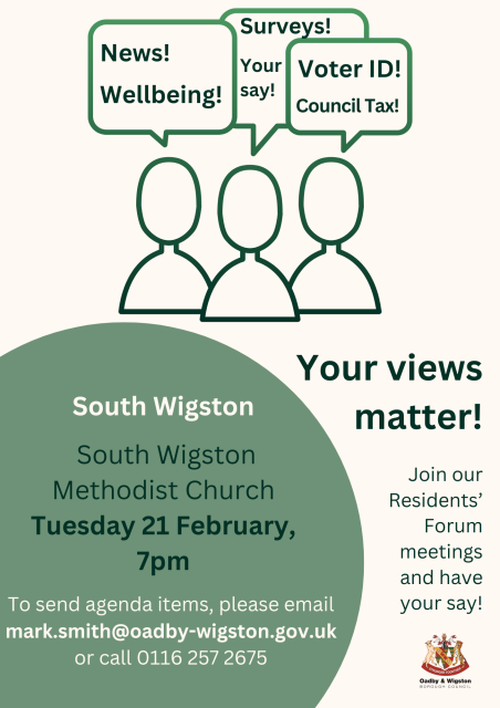 South Wigston Methodist Church Tuesday 21 February, 7pmTo send agenda items, please email mark.smith@oadby-wigston.gov.uk or call 0116 257 2675
