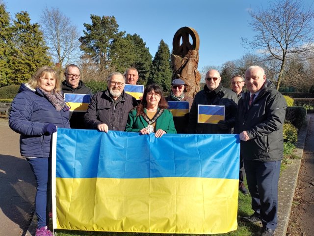 Ukraine flag being flown at Peace Memorial Park, Wigston