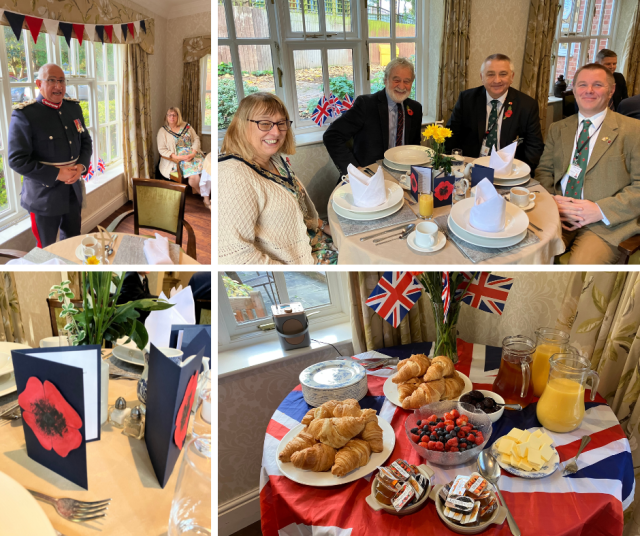 Montage of photos from Veterans' Breakfast including Mayor of Oadby & Wigston and the Lord Lieutenant