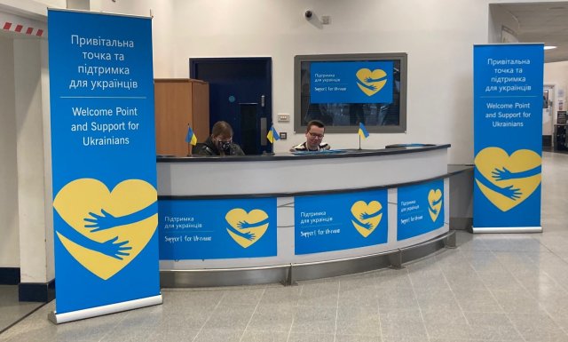 Welcome desk for Ukrainians at East Midlands Airport