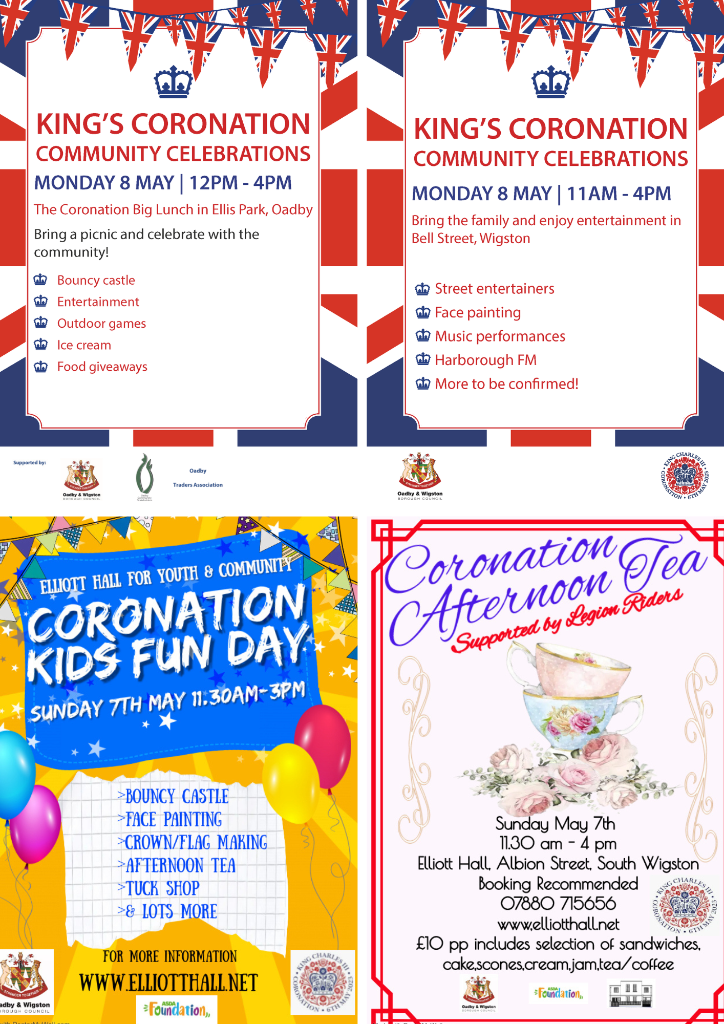 Events taking place in Oadby & Wigston for the coronation of King Charles III posters.