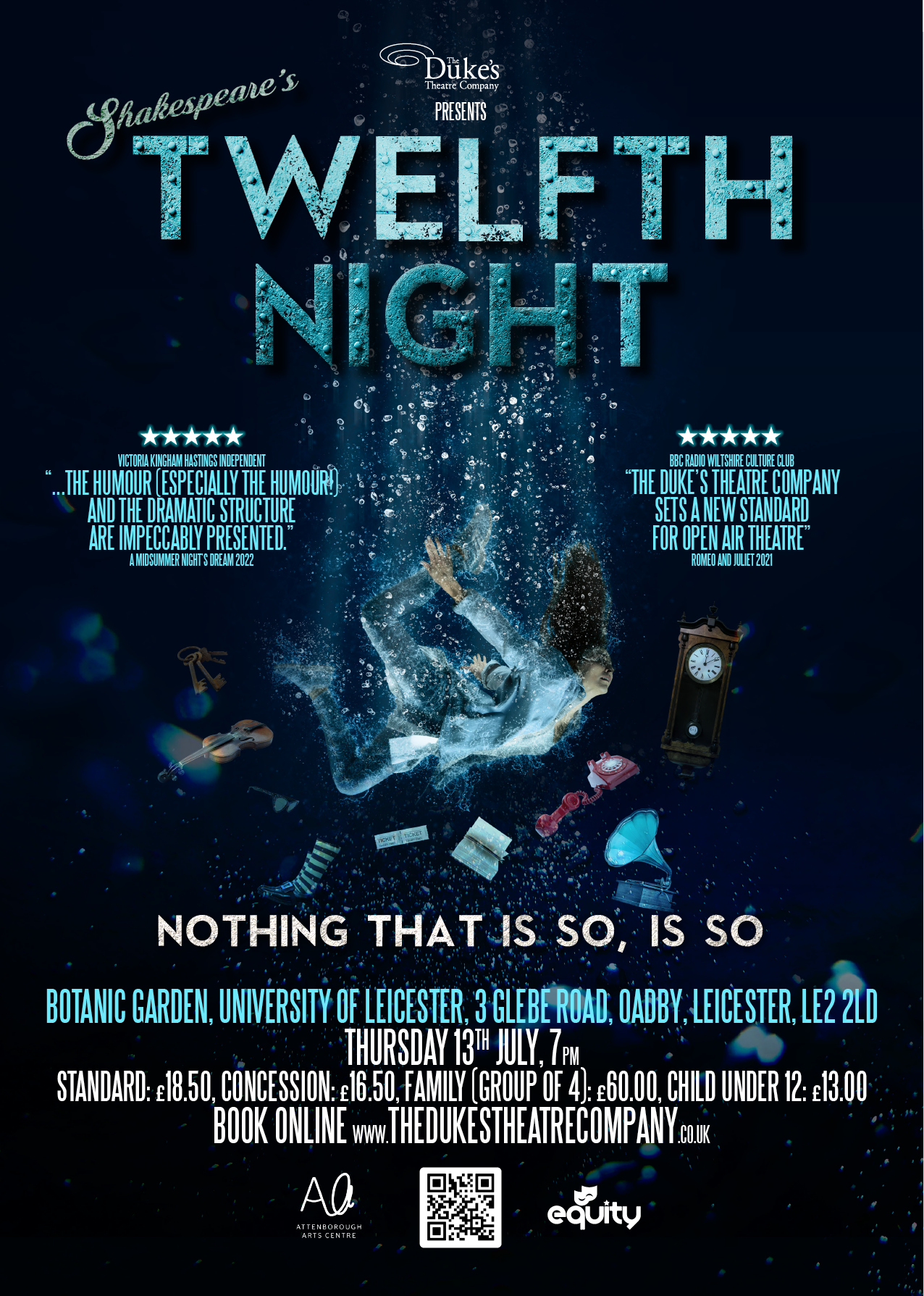 Poster for the performance of Twelfth Night at 7pm on Thursday 13 July at the Botanic Garden.